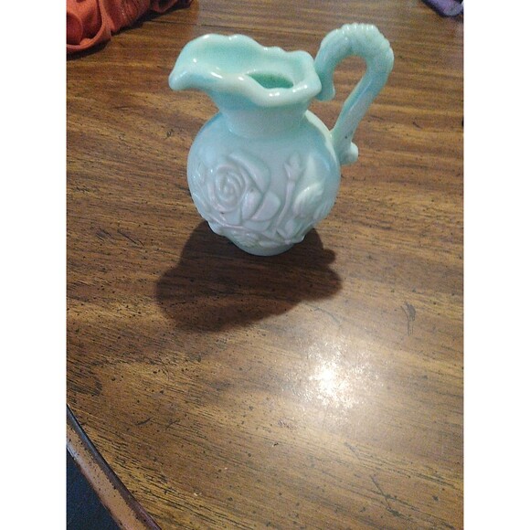 Vintage 1970's Avon Turquoise Blue Green Milk Glass Pitcher Perfume Bath Bottle - Picture 2 of 3